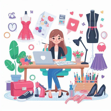Fashion designer woman working with laptop. Vector illustration in cartoon style.のイラスト素材