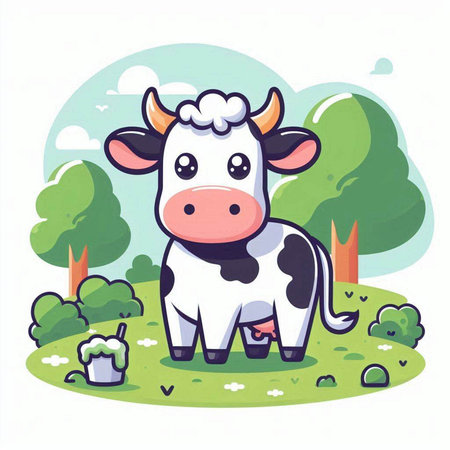 Cute cartoon cow in the meadow. Vector illustration on white background.のイラスト素材