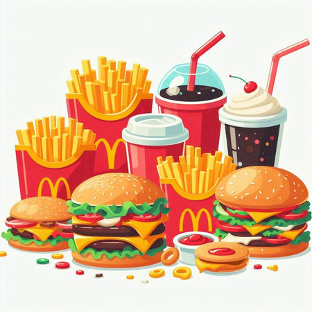 Fast food vector illustration. Hamburger, cheeseburger, french fries, cola.のイラスト素材