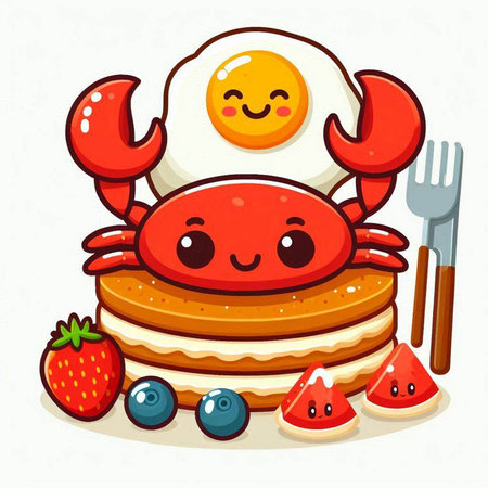 Cute kawaii funny fried crab with omelet and strawberries. Vector illustration.のイラスト素材