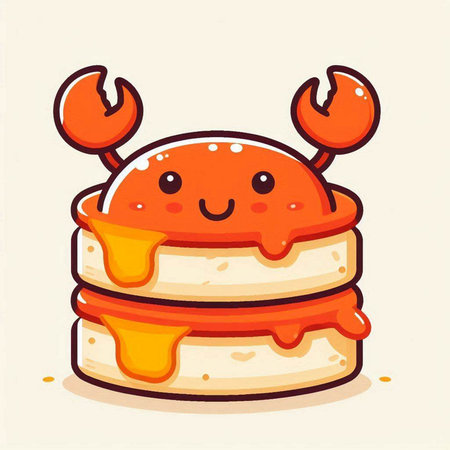 Cute cartoon crab with a stack of pancakes. Vector illustration.のイラスト素材