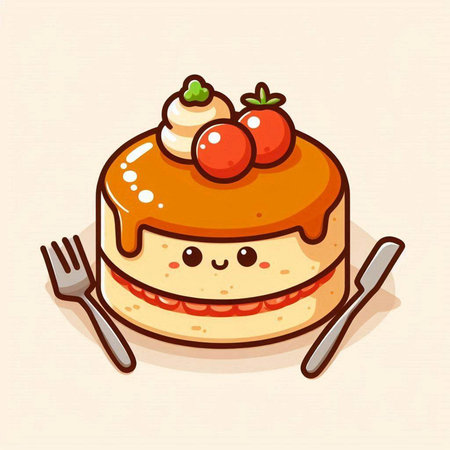 Cute kawaii cake character with fork and knife. Vector illustration.のイラスト素材