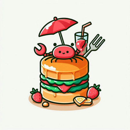 Funny cake with strawberry, ice cream and umbrella. Vector illustration.のイラスト素材
