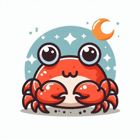 Cute cartoon crab with moon and stars on white background. Vector illustration.のイラスト素材