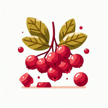 Red rowan berries with green leaves isolated on white background. Vector illustration.のイラスト素材