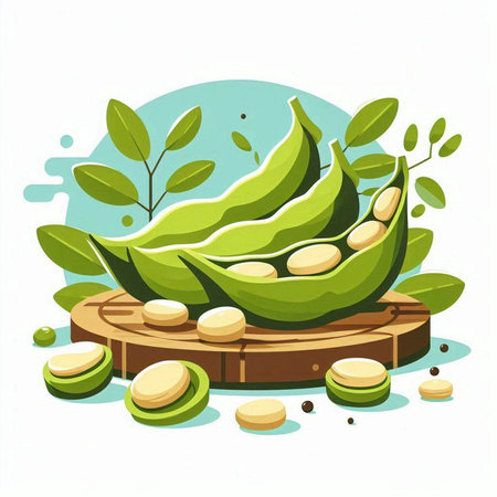 Fresh green soybeans with leaves on wooden board. Vector illustration.のイラスト素材