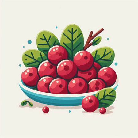 Cranberries in a bowl. Vector illustration in cartoon style.のイラスト素材