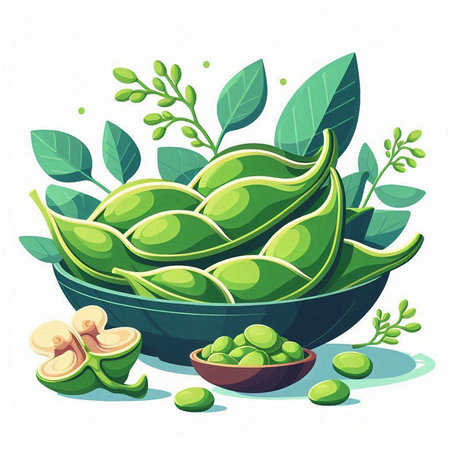 Bowl with soybeans and green leaves on white background. Vector illustration.のイラスト素材