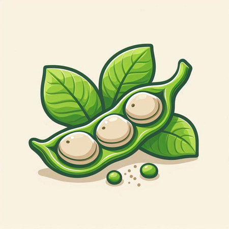 Soybean pods with green leaves and seeds. Vector illustration.のイラスト素材
