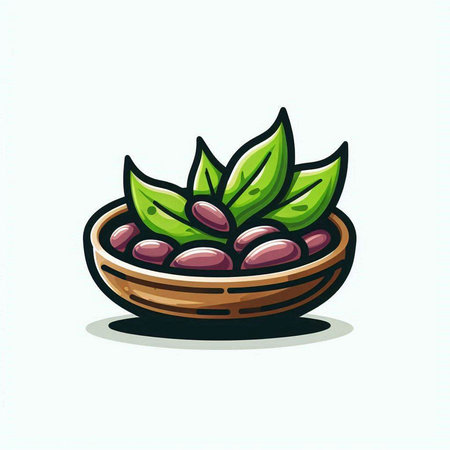 Coffee beans in a wooden bowl with green leaves. Vector illustration.のイラスト素材