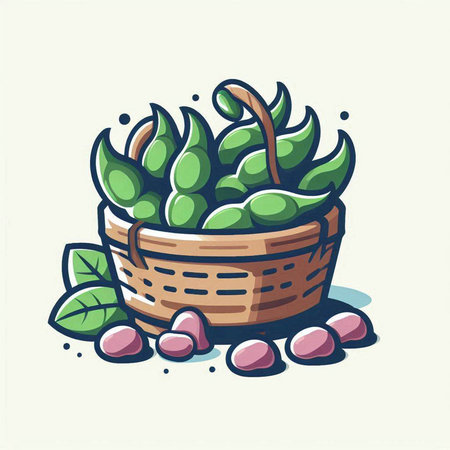 Basket of green soybeans in cartoon style. Vector illustration.のイラスト素材