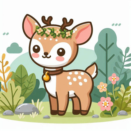 Cute deer with flower wreath in the forest. Vector illustrationのイラスト素材