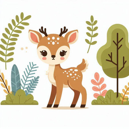 Cute deer in the forest. Vector illustration in flat style.のイラスト素材