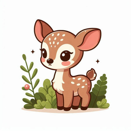 Cute little deer in the garden. Vector illustration isolated on white background.のイラスト素材