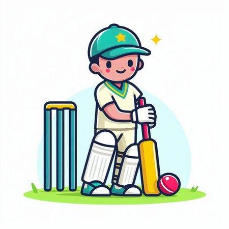 Cricket player with bat and ball. Cute cartoon vector illustration.のイラスト素材
