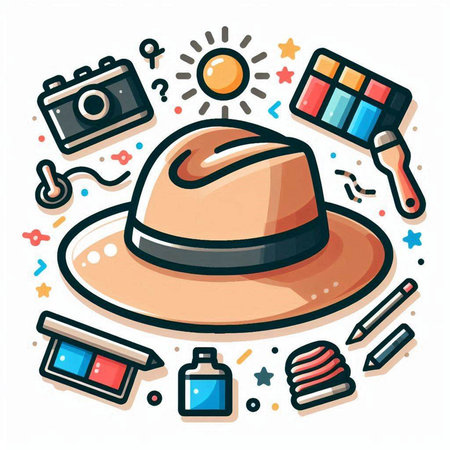Vector illustration of woman hat, makeup tools and cosmetics in doodle style.のイラスト素材