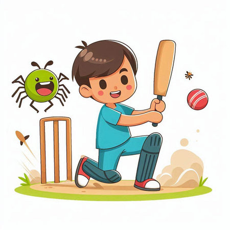 Cricket player with bat and ball, vector cartoon illustration.のイラスト素材