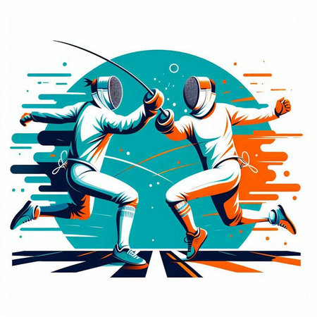 Fencing sport vector illustration with man and woman wearing fencing sportswear running together with swordのイラスト素材