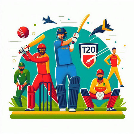 Cricket players in action. Vector illustration in flat style.のイラスト素材