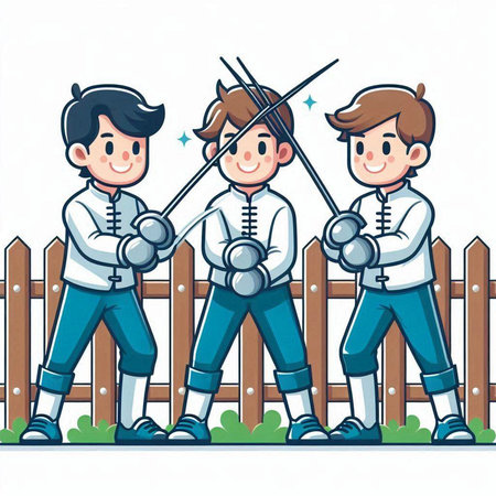 Fencing. Two boys in the park. Cartoon vector illustration.のイラスト素材