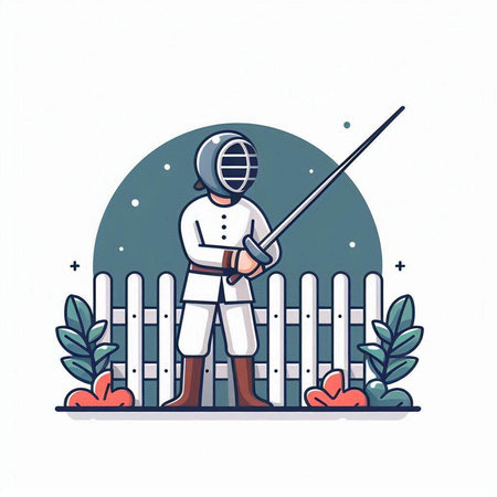 Fencing sport. Man in fencing suit with a sword in hand.のイラスト素材