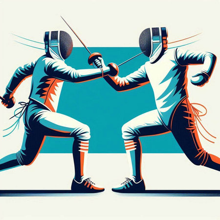 Fencing duel, two men wearing fencing costume, vector illustration.のイラスト素材