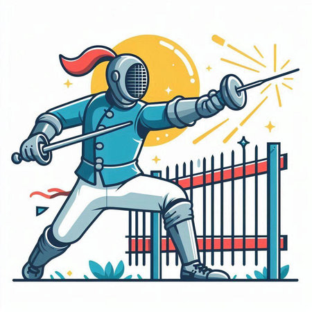 Fencing sport illustration. Cartoon fencing player with sword and shield.のイラスト素材
