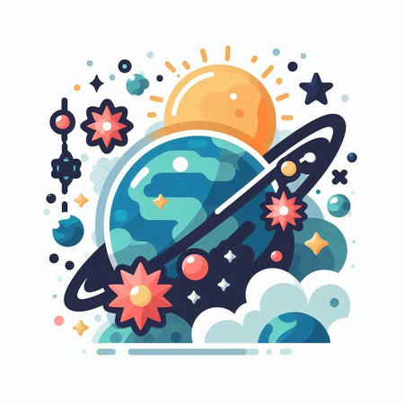 Space illustration with rocket, planets, stars and sun. Vector illustration.のイラスト素材