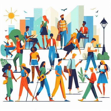 Group of people walking in the city. Street life. Vector illustrationのイラスト素材