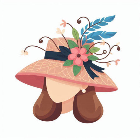 Women's hat with a flower in her hair. Vector illustration.のイラスト素材