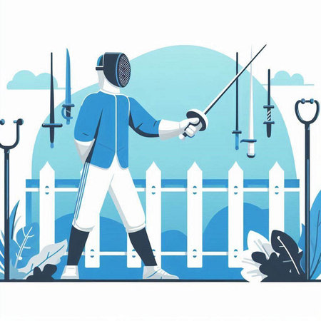 Fencing. Man in fencing costume with sword. Vector illustration.のイラスト素材