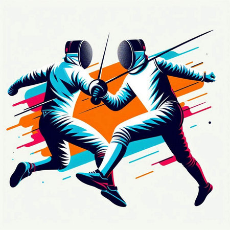 Fencing sport vector illustration, two men in fencing costume with swordsのイラスト素材