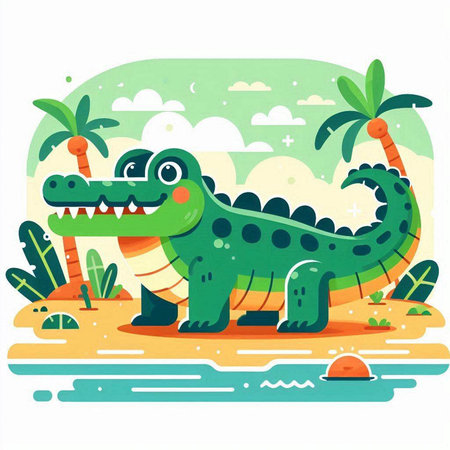 Cute crocodile on the beach. Vector illustration in flat styleのイラスト素材