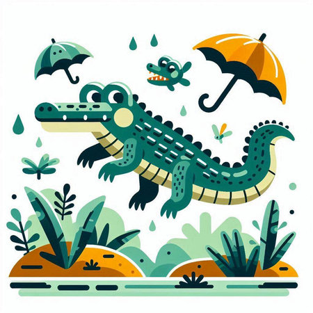 Crocodile vector illustration in flat style. Cute cartoon crocodile with umbrella and rain drops.のイラスト素材