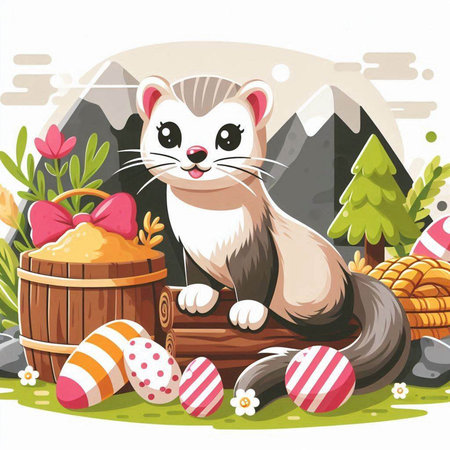 Illustration of a Cute ferret sitting on a stump with Easter eggsのイラスト素材