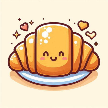 Cute cartoon croissant on a plate. Vector illustration.のイラスト素材