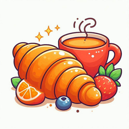 Cup of tea, croissant and berries. Vector illustration.のイラスト素材