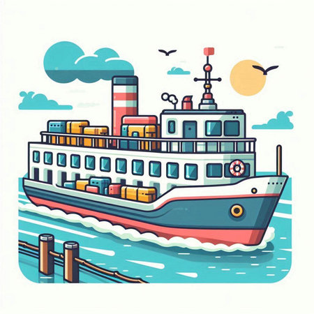 Ferry boat on the water. Vector illustration in flat style.のイラスト素材