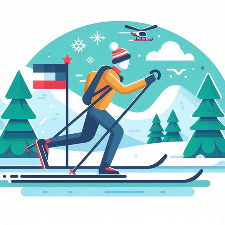 Man skiing in the mountains. Winter sport. Flat vector illustration.のイラスト素材