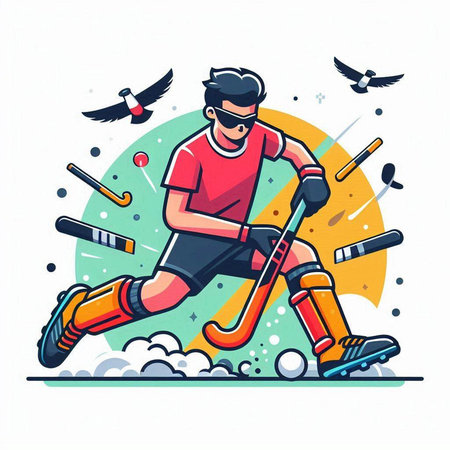 Hockey player with a stick and puck. Flat style vector illustration.のイラスト素材