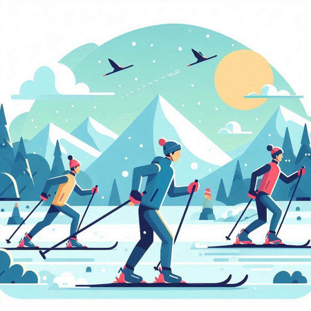 Winter sport. People skiing in the mountains. Flat vector illustration.のイラスト素材