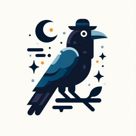 Crow with moon and stars. Vector illustration in flat style.のイラスト素材