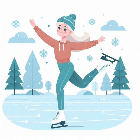 Happy elderly woman skates on ice rink. Flat vector illustration.のイラスト素材