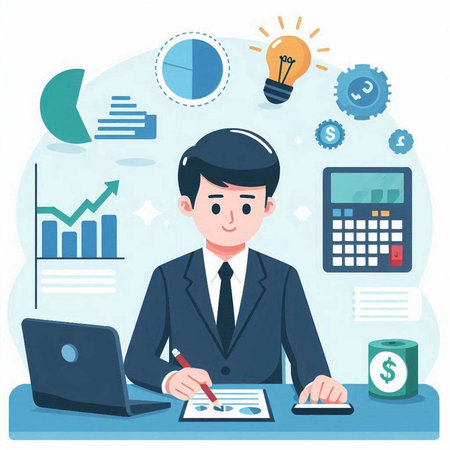 Businessman working at his desk. Vector illustration in flat style.のイラスト素材