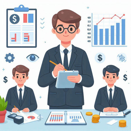 Businessman in office with financial charts and graphs. Vector illustration.のイラスト素材