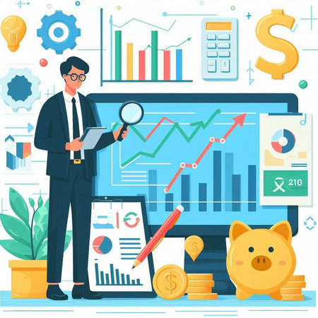 Businessman analyzing investment charts on laptop screen, flat vector illustration.のイラスト素材