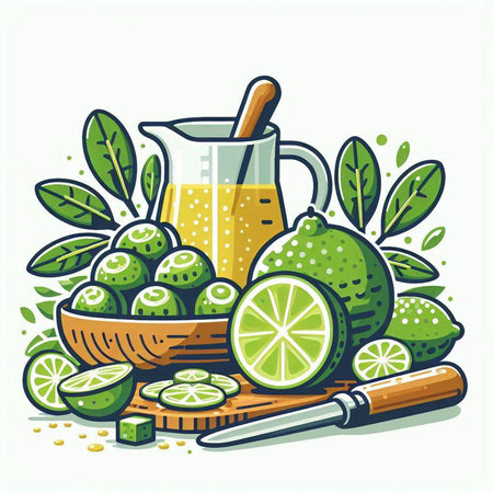 Lime juice in a jug with lime slices and leaves. Vector illustration.のイラスト素材