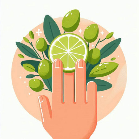 Hand with lime and olive branch. Vector illustration in flat style.のイラスト素材