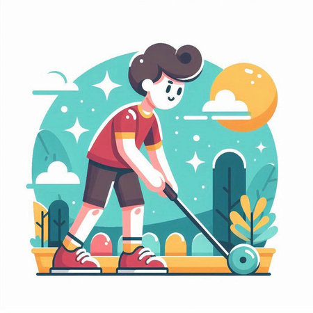 Young man playing golf in the park. Flat style vector illustration.のイラスト素材