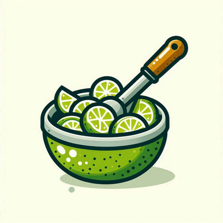 Lime slices in a bowl with a spoon. Vector illustration.のイラスト素材